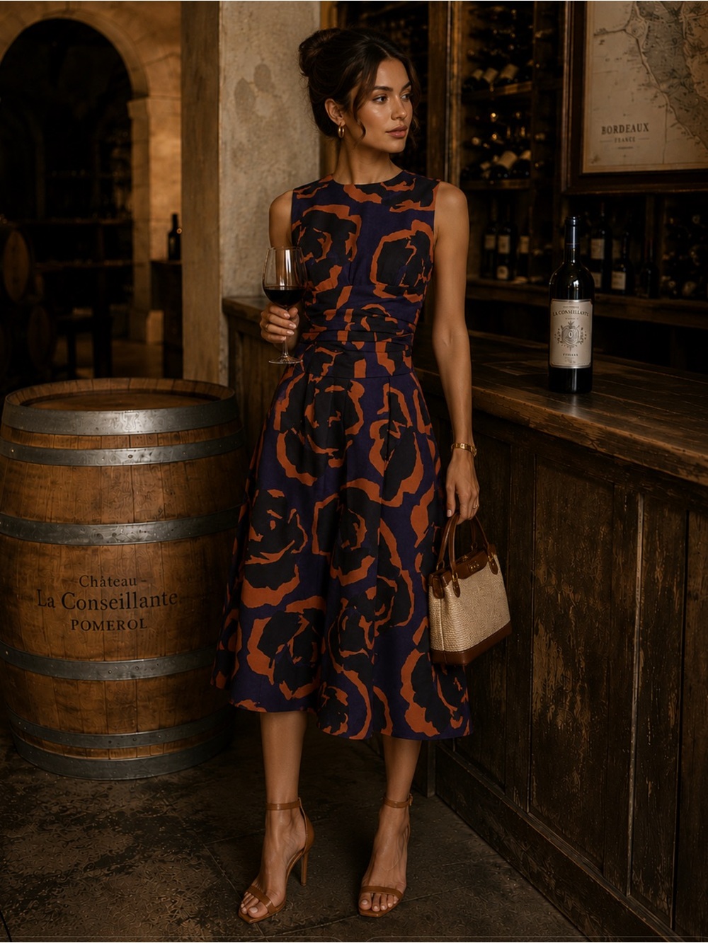 Sleeveless Midi Dress in Navy and Rust Floral